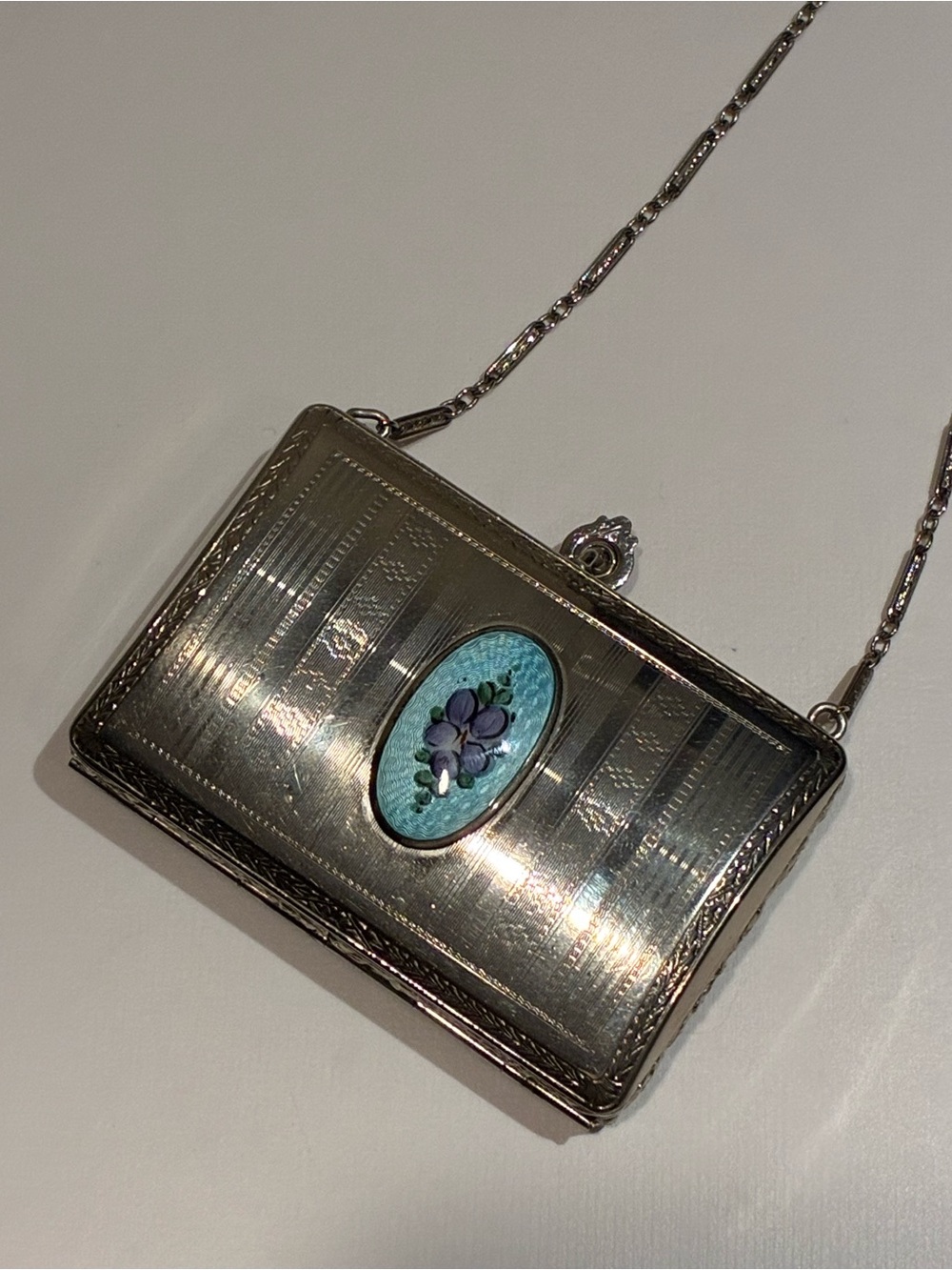 1920s Art Deco guilloché enamel compact dance purse, manufactured by the Finberg